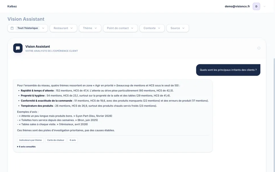 Réponse de Vision Assistant à une question sur les principaux irritants, avec chiffres et extraits d'avis (données fictives).